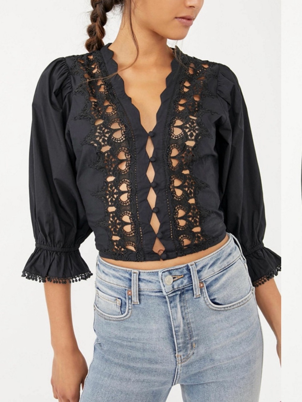 Free People Black Louella Embroidered Crochet Cropped Cotton Black Top Size S